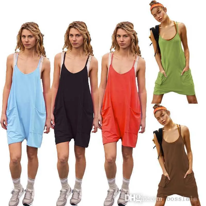 Hot Artikel Kvinnors designer Jumpsuit 2023 Summer Casual Multicolors Pocket Sling Knittade Loose Shorts Bodysuit Strap Pants