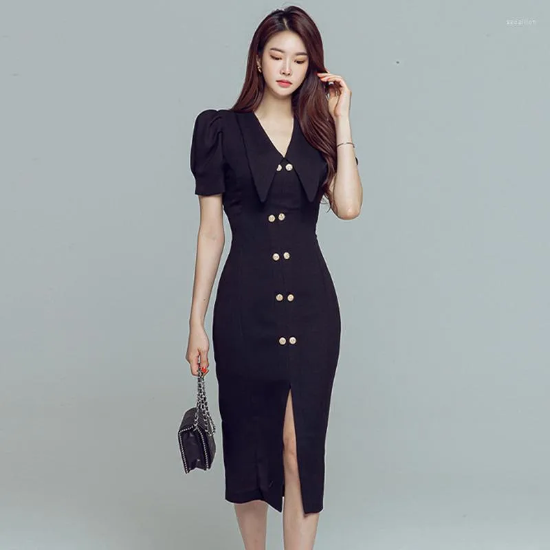 Party Dresses Arrival Fashion Korean Style Pencil Dress Women Elegant Summer Vintage Puff Sleeve Temperament Work Solid Split