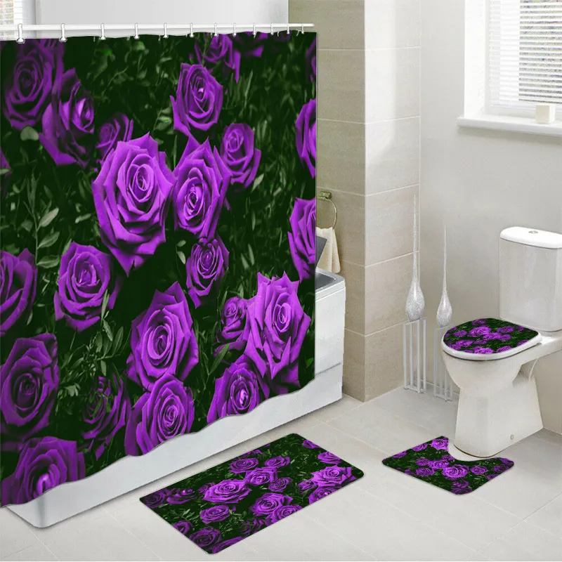 Rideaux de douche Rose Fleurs Rideau De Bain Étanche Polyester Lavable Tapis Antidérapant Tapis Tapis Siège De Toilette Couverture Baignade Salle De Bains Décor 230510