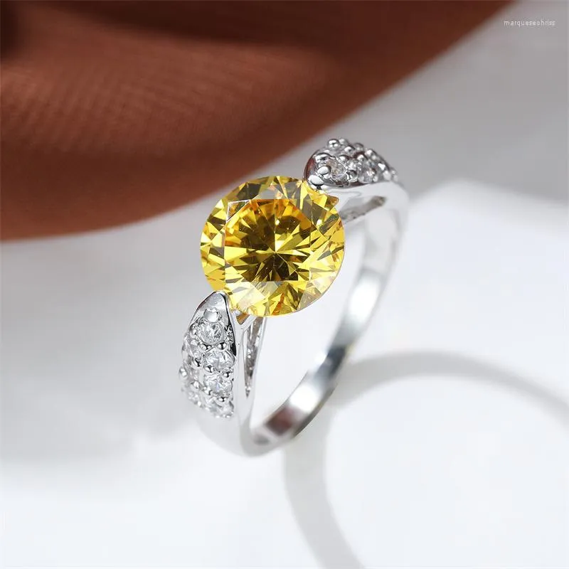 Обручальные кольца свадебные обещания Обручась Большой круглый желтый камень для женщин серебряный цвет цирконов