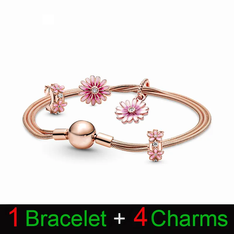 Pandora moments pink peach blossom on sale flower snake chain slider bracelet