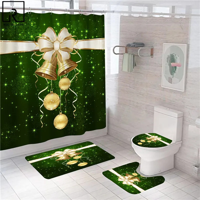 シャワーカーテングリーンクリスマスベルプリントカーテン付きフックフェスティバルバスルームデコレーションアンチスリップバスマットセットラグトイレカバー230510