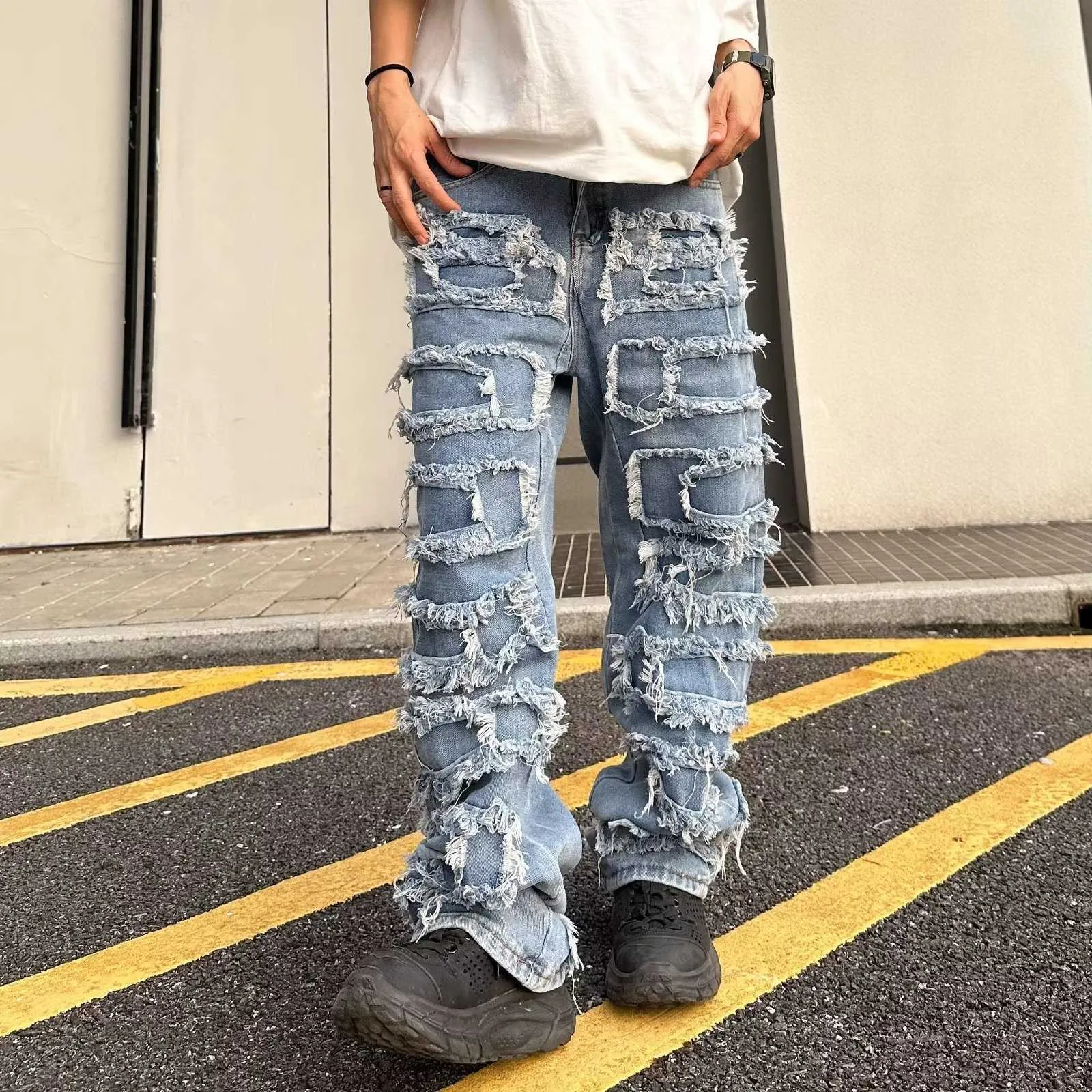 Mäns jeans individualiserade patch jeans män och kvinnors amerikanska high street hiphop stekt gata tiggare byxor blå lös liten publik mopping z0508