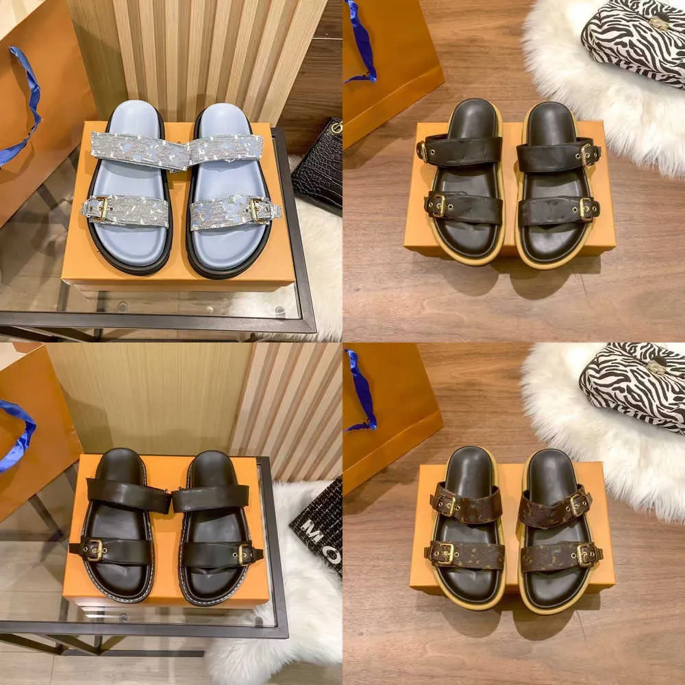 디자이너 샌들 BOM DIA Comfort Flat Sandal Women Mens 2 스트랩 슬라이드 가죽 슬리퍼 슬리퍼 슬리퍼 Paseo Canvas Denim Metal Buckle Old Flower Sandal