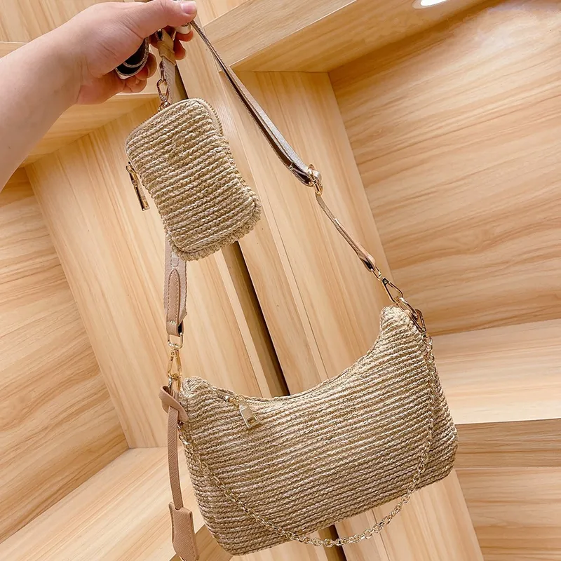 avec triangle paille sacs à bandoulière sac à bandoulière de haute qualité 2024 femmes été tissé chaîne en or créateur de mode hobo sac à main trois-en-un