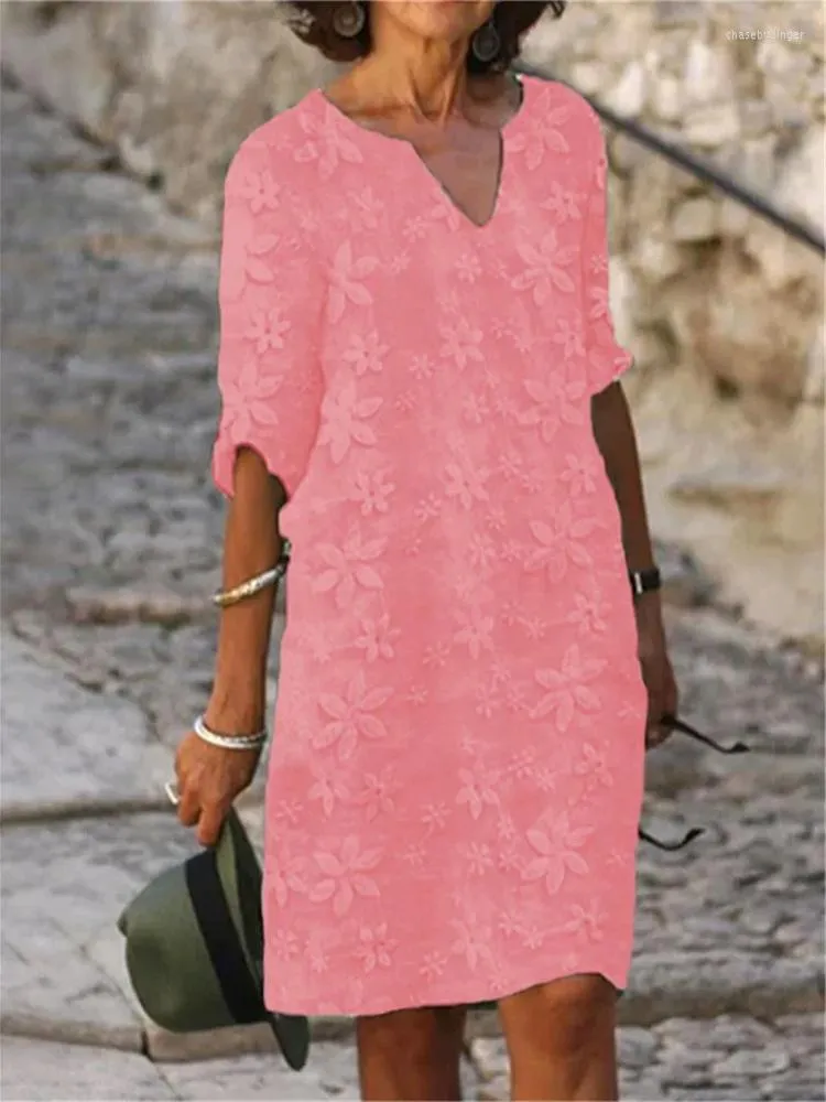 Abiti Casual Abito Ricamato Donna Cotone Lino Estate Elegante