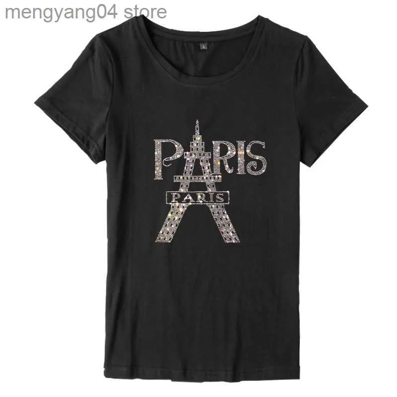 T-shirt da donna T-shirt a maniche corte da donna Paris Tower Pattern Diamond Camicette femminili T-shirt basic in cotone Top di buona qualità T230510