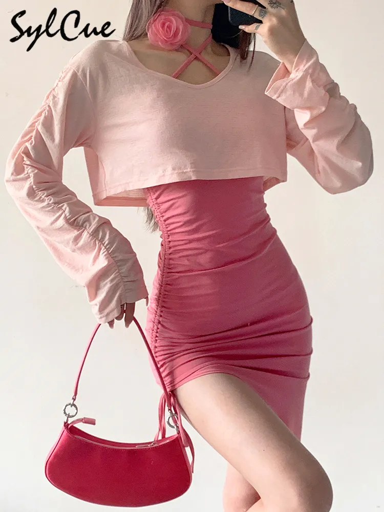 Zweiteiliges Kleid Sylcue, süß, süß, rosa, unregelmäßig, schmal, sexy, reifes Mädchen, Ausflug, Schnürung, mit langen Ärmeln, kurzem Oberteil, Damen 230509