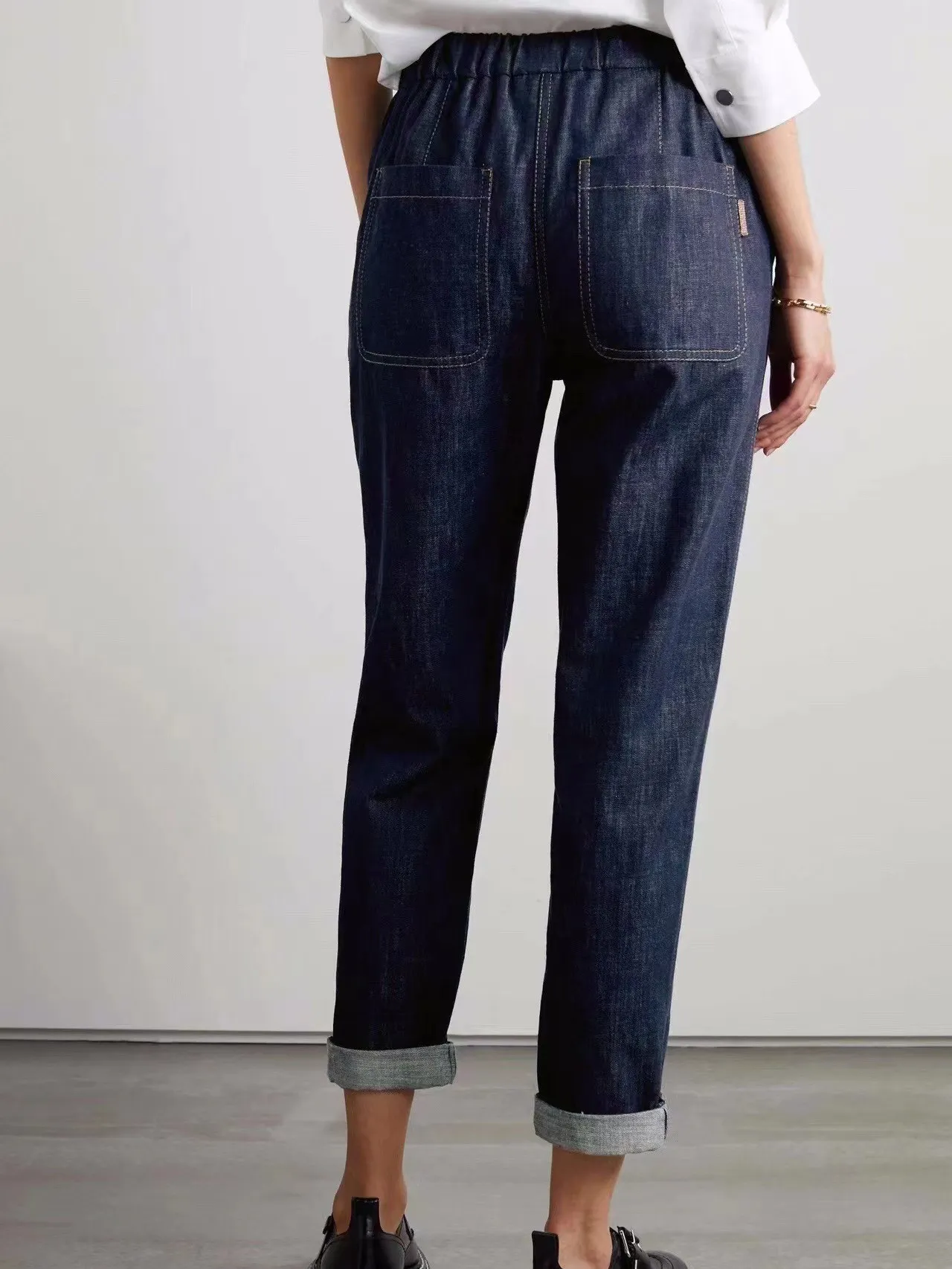 Stretch denim capris elastic waist online