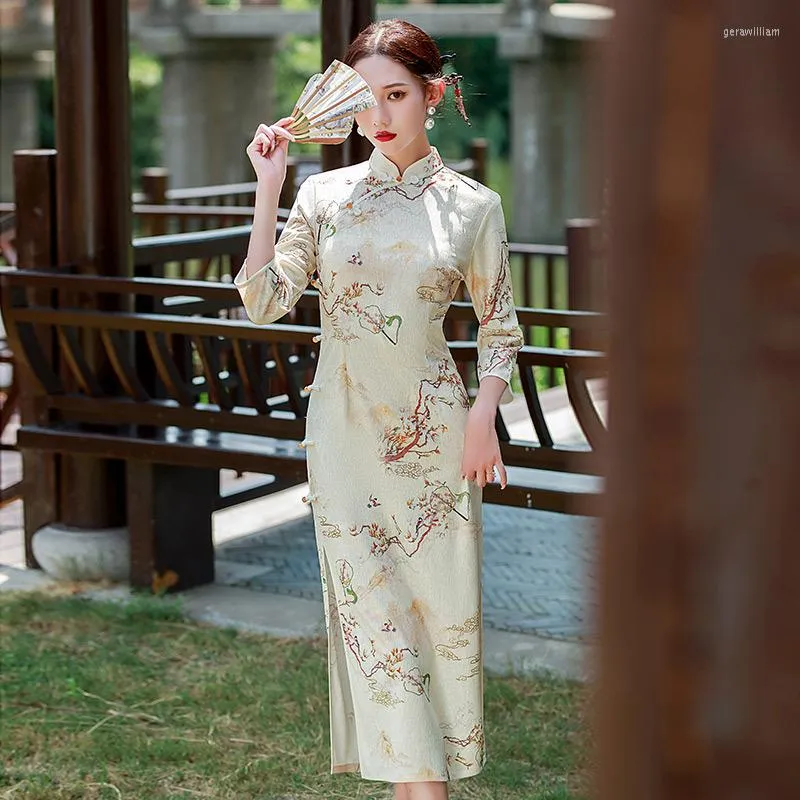Sheng Coco Cheongsam Dress Long Sleeves Slit Silk Chinese Style For Walking Shows And Elegant Oriental Style Ethnic Style Dresses From China From Gerawilliam 43.56 DHgate.Com