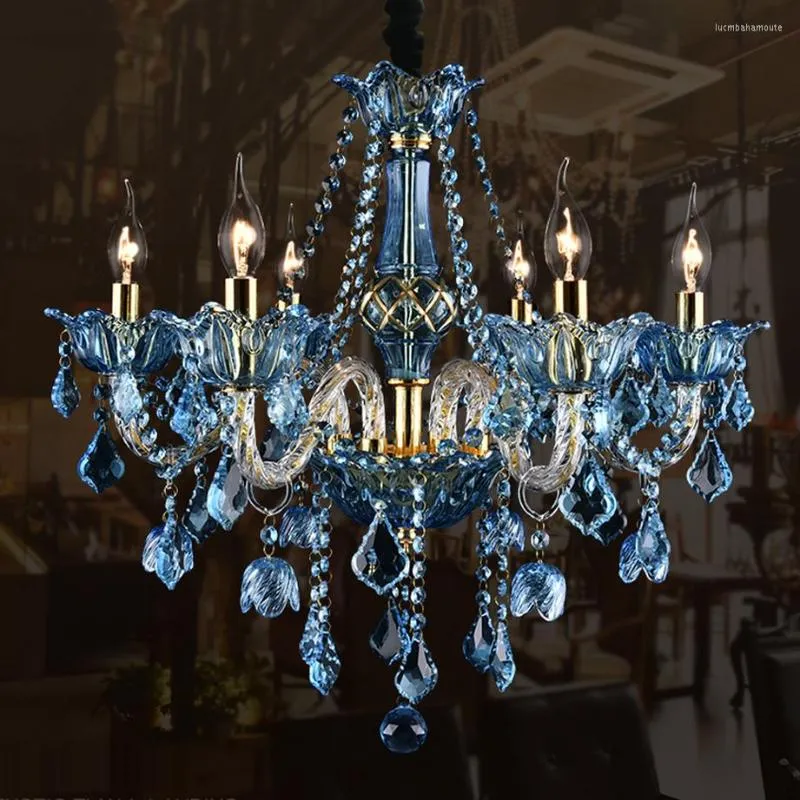 Lampadari Led E14 Lampadario di cristallo blu ferro europeo Lampadario a sospensione Apparecchio di illuminazione Lampen Lustre per camera da letto Foyer