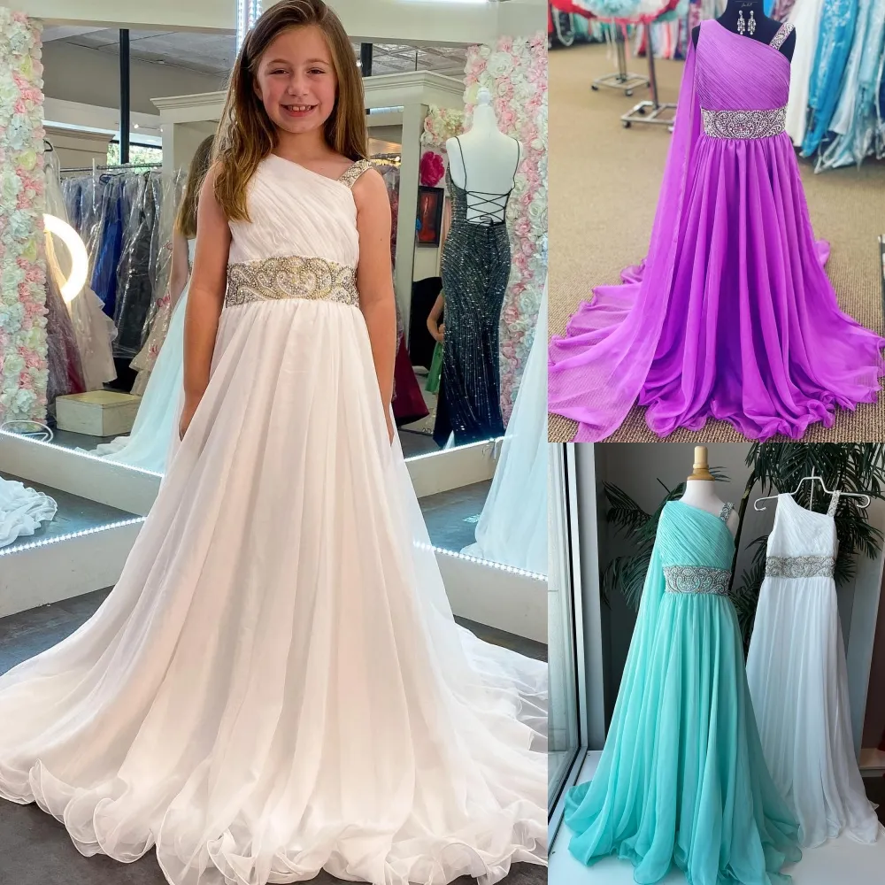 Mint Chiffon Girl Pageant Dress 2023 Cape One-Shoulder Little Miss Kid Birthday Vacation Holiday Formele feestjurk Purple White Flower Girls Bruiloft Gast Peuters