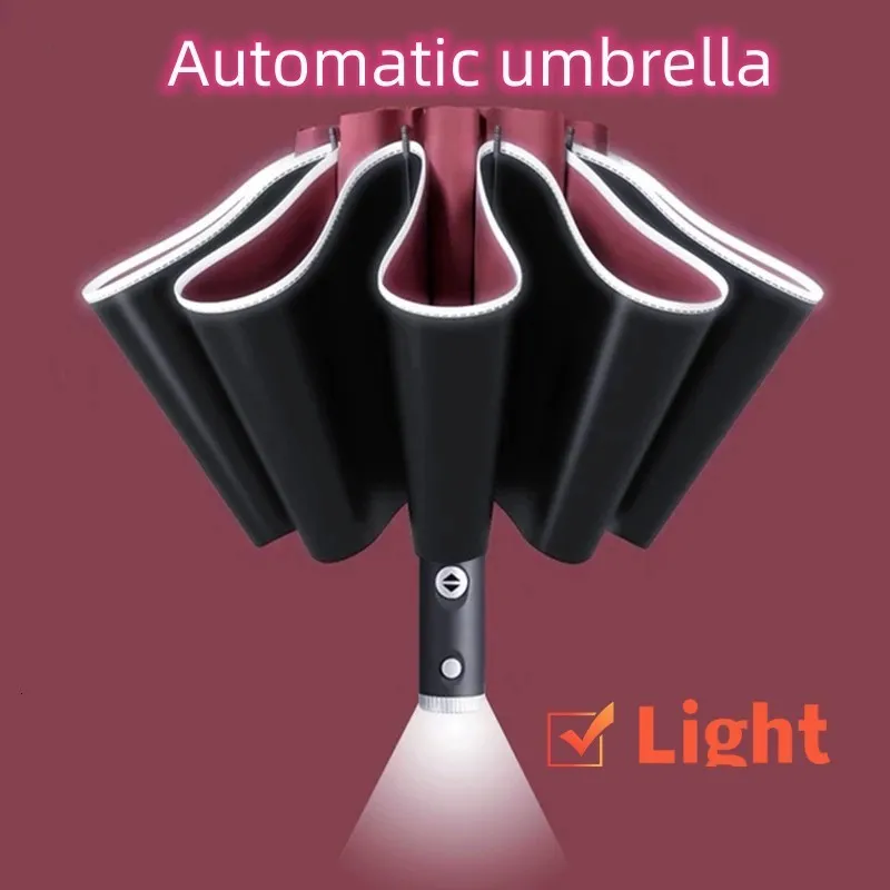 Umbrellas Fully Automatic UV Umbrella With LED Flashlight Reflective Stripe Reverse Large For Rain Sun Heat Insulation Parasol 230510