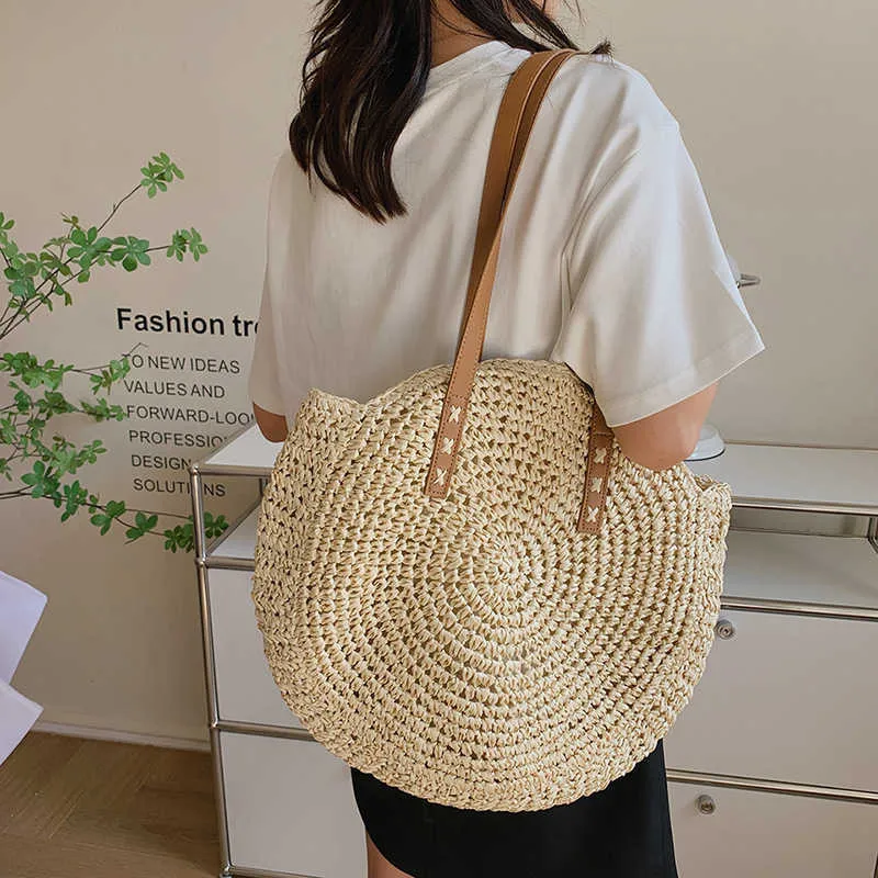 Storage Bags Women Simple Summer Holiday Woven Round Shoulder Shopping Bags Casual Ladies Beach Vacation Large Capacity Tote Handbags P230510