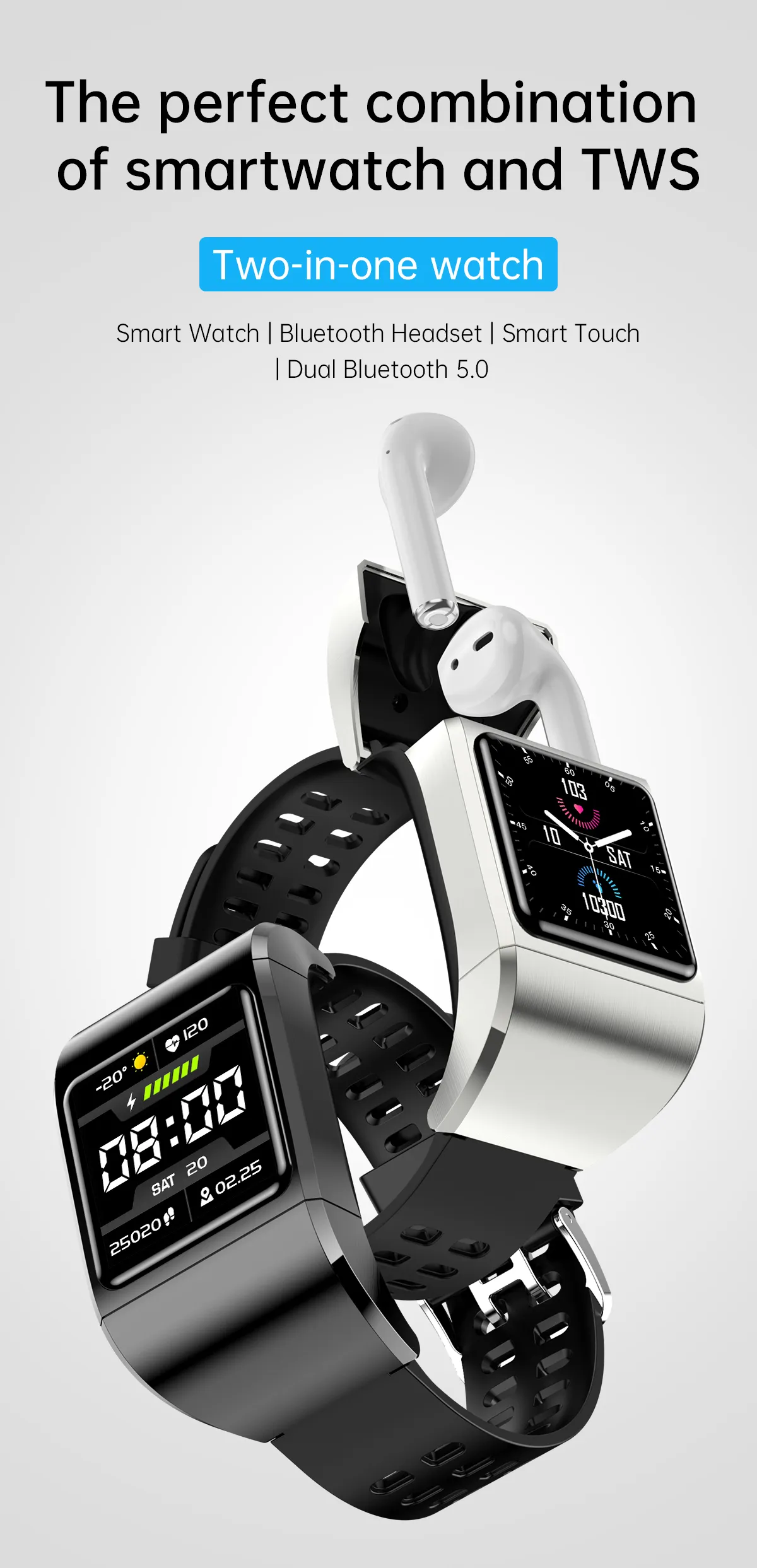 2 In 1 Android Smartwatch With Earbuds With TWS Bluetooth Earphone
