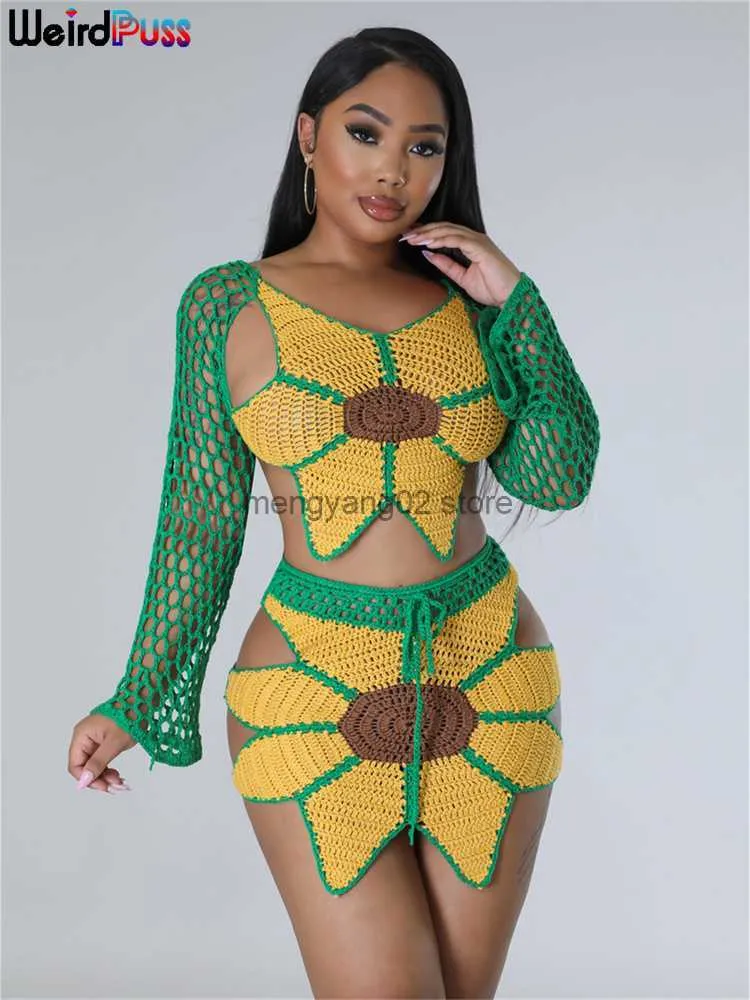 Two Piece Dress Weird Puss Sets Women Outfit Crochet Sunflower