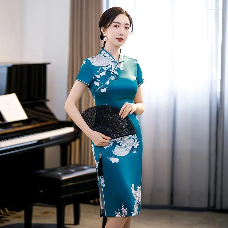 Ethnic Clothing Vintage Vestidos Short Sleeve Cheongsams Sexy Satin High Split Qipao Women Traditional Mandarin Collar Chinese Dress Gown