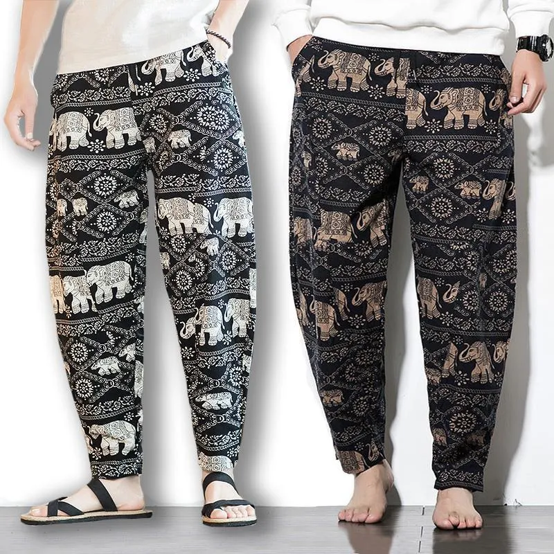 Spodnie Summer Cotton Harem Spodnie męskie konopie swobodne spodnie męskie luźne spodnie nóg w stylu ludowym spodnie Latarnie Tajlandia drukowana słonia