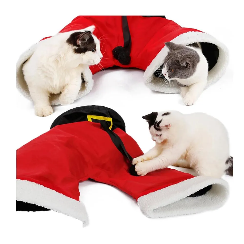 Toys Christmas Santa Pants Pet Cat Tunnel Collapsible 3 Way Spela Toy Interactive Tube Fun Toys for Cats Kitten Rabbit