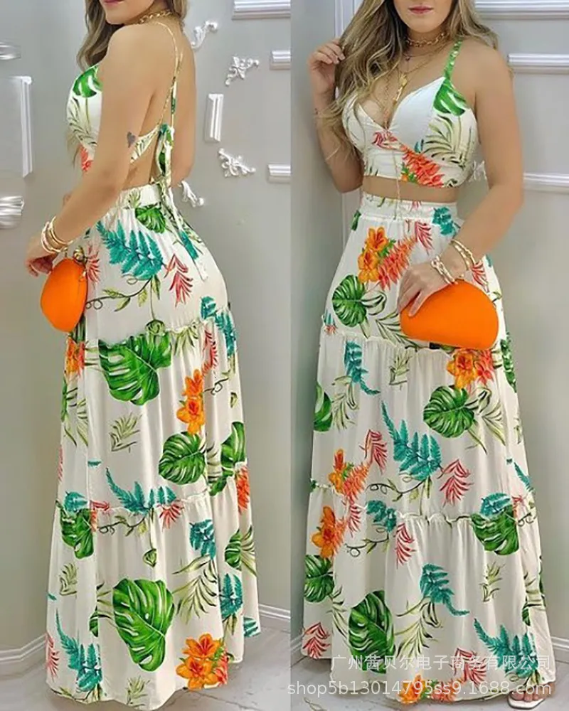 Tvådelt klänning Summer Woman Floral Print V Neck ärmlös Backless Short Top Kirt Set Piec 230509