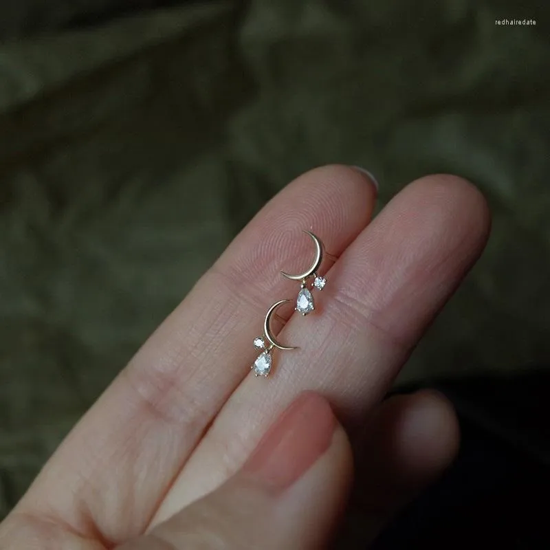 Studörhängen 925 Silver Needle Water Drops Zircon Moon For Women Mini Simple Temperament Fashion Cute Ear Studs Jewelry