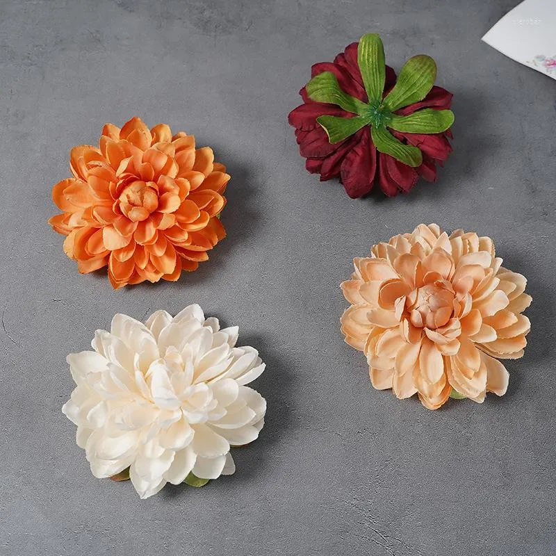 Decorative Flowers Artificial Dahlia Silk Flower DIY Head European Retro Color Wedding Wall Soft