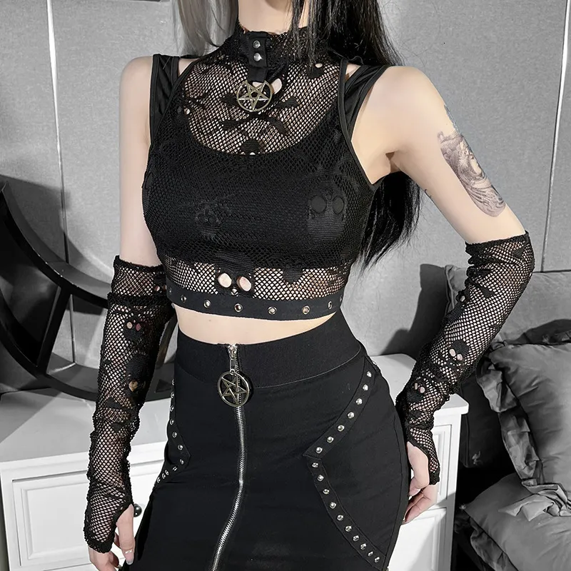 Grunge Tank Tops: Womens Goth Skull Fishnet Crop Top From