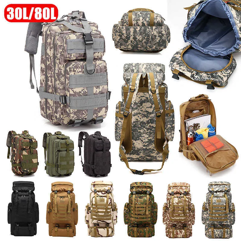 Backpacking Packs 30L/80L Tactical vandring Dubbelagring Ryggsäck Multifunktionell stor kapacitet Bekväm vandringskamping Klättring P230510