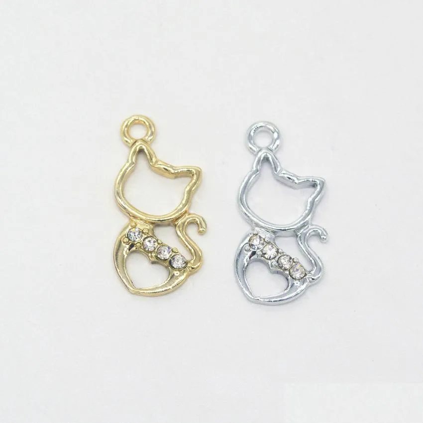 Charms 100Pcs/Lot Rhinestone Cute Cat Pendant 27X1M Gold Sier Plated Good For Craft Jewelry Making Drop Delivery Findings Components Dhqz6