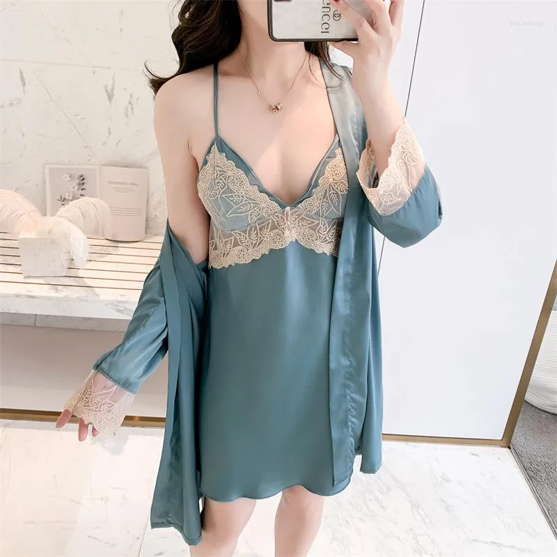 Dames slaapkleding vrouwen v-neck nachtirobe set satijnen zijdeachtige 2pcs comfortabele kimono jurk vrouwelijk gewaad pak casual badjrobe huiskleding