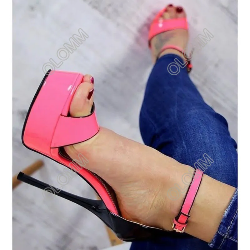 Olomm Handmade Women Summer Platform Sandaler Patent Stiletto Heel Open Toe Gorgeous Fuchsia Yellow Green Club Shoes Storlek 47 52