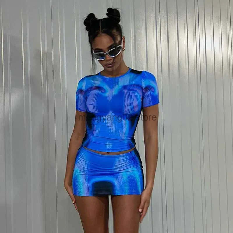 Tvådelad klänning 3D Body Print 2 Piece Set Dress Women mode Kort ärm T-shirt Crop Top Bodycon Mini kjol 2023 Summer Casual Suit Clubwear T230510