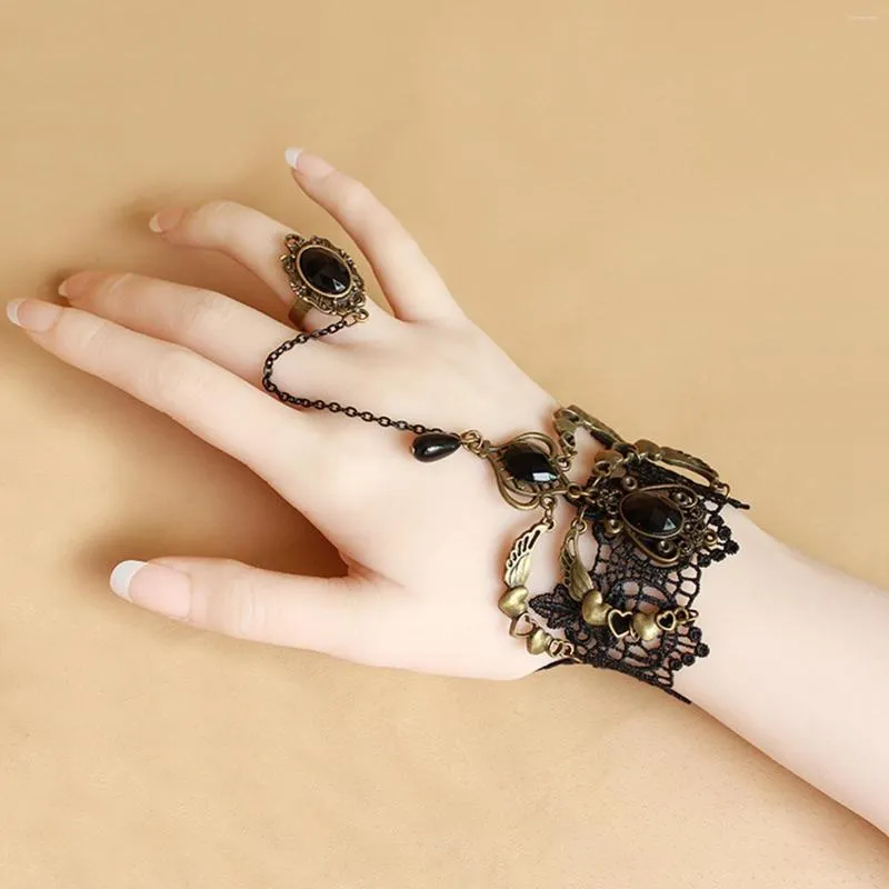 Charm Bracelets Gothic Steampunk Lace Bracelet Jewelry Bangles With Ring Wrist Cuff Fingerless Gloves For Women Halloween Costume