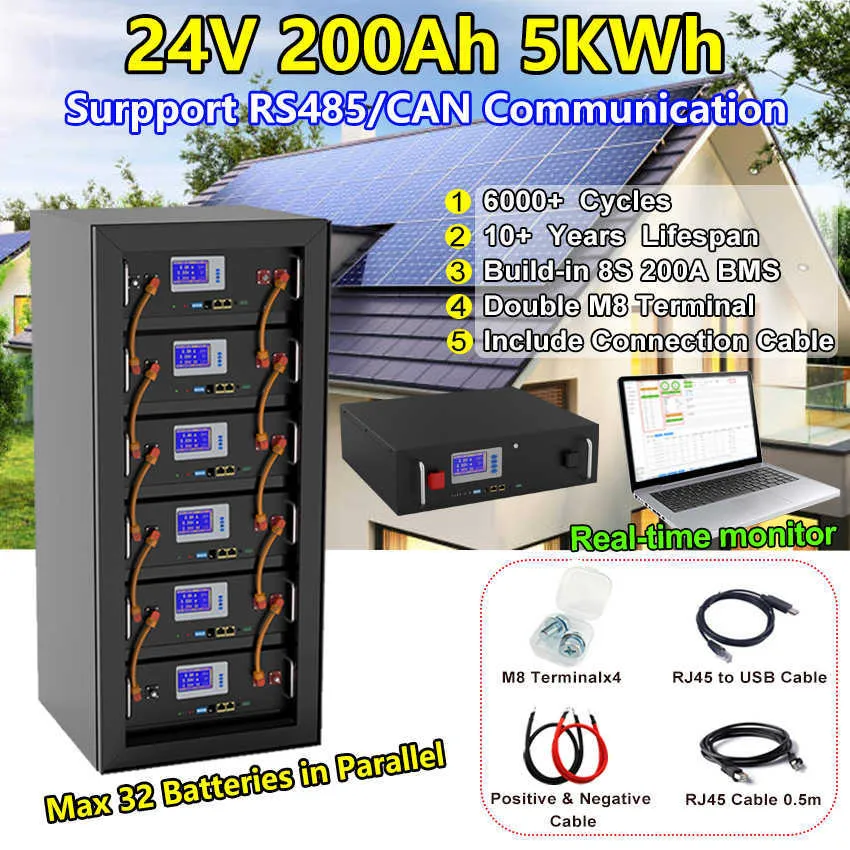 LifePo4 24 V 200AH 240AH 300AH PAKIET BAZTÓW 25,6 V Wbudowany 16S 200A BMS RS485 Can 10 LAT HOUSELD HOUSELLED Energy Service Life