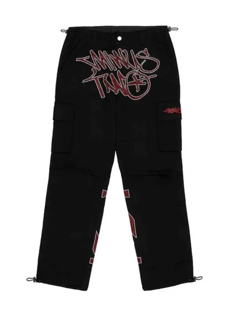 Harajuku Style Mens High Waist Cargo Pants With Rhinestone Pockets