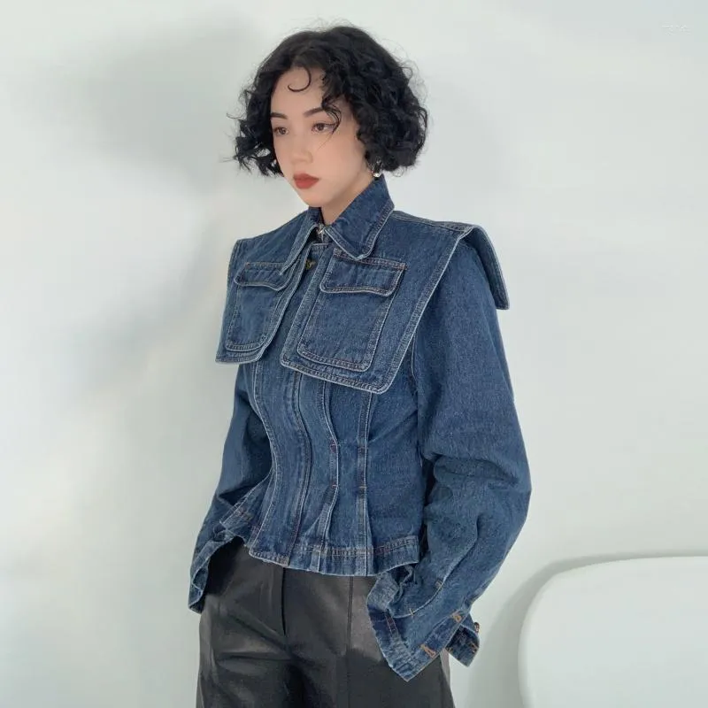 Women's Jackets Jacket Women Blue Denim Cape Pocket Trim Pleated Waistline Zipper Jean Female Korean Loose Outerwear Coats