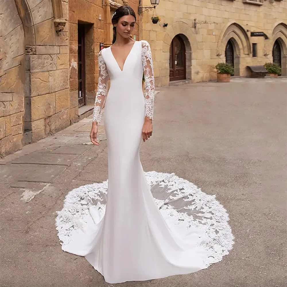 Mermaid V Neck Lace Mermaid Wedding Dress With Long Sleeves Lace