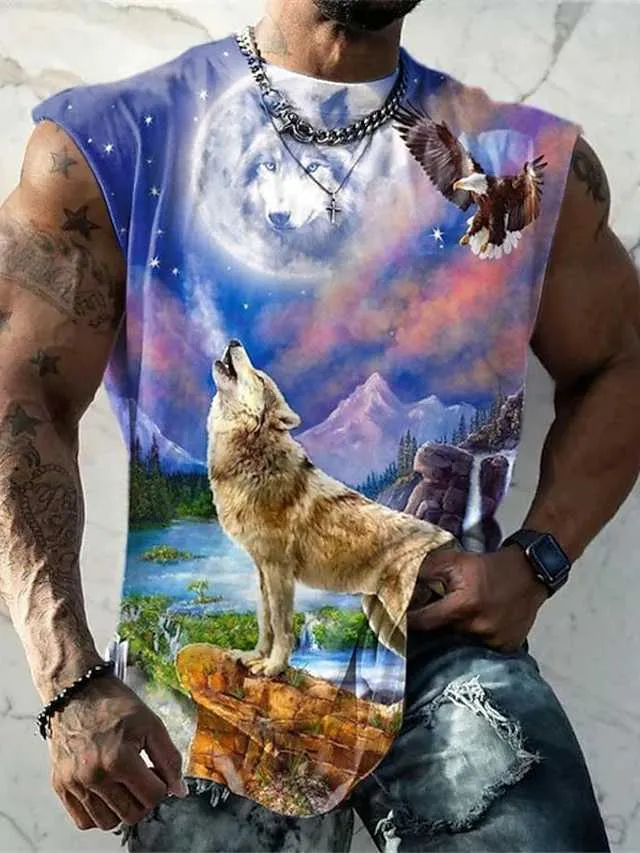 RUKAS T-shirt sans manches sans manches pour homme graphique animal loup col col vêtements impression 3D sport décontracté sans manches impression mode motif musculaire original