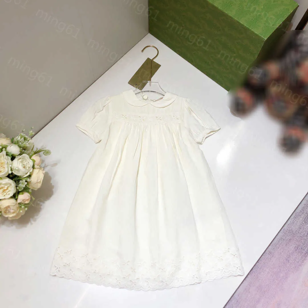 23ss girls Dress Short-sleeved dresses kids designer clothes Solid color Doll collar Hollow out Lace edge Short sleeve dress big Girls skirts kids clothes