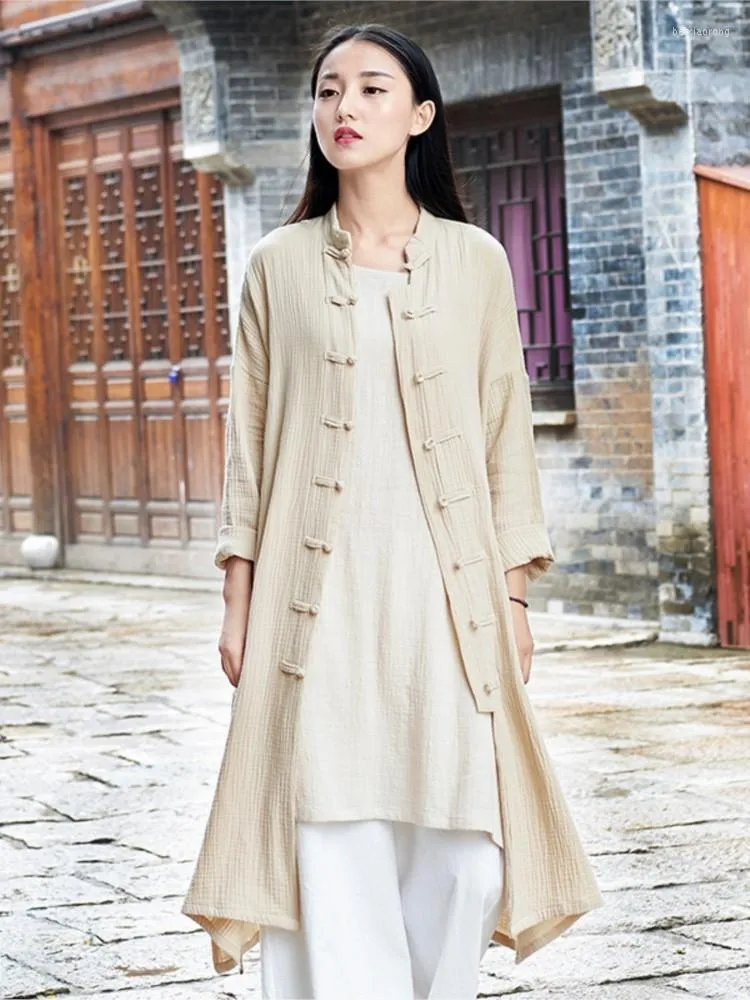 Vestes pour femmes femmes coton et lin printemps été rétro décontracté hauts longs bouton debout à manches longues Simple Vintage manteau 2023