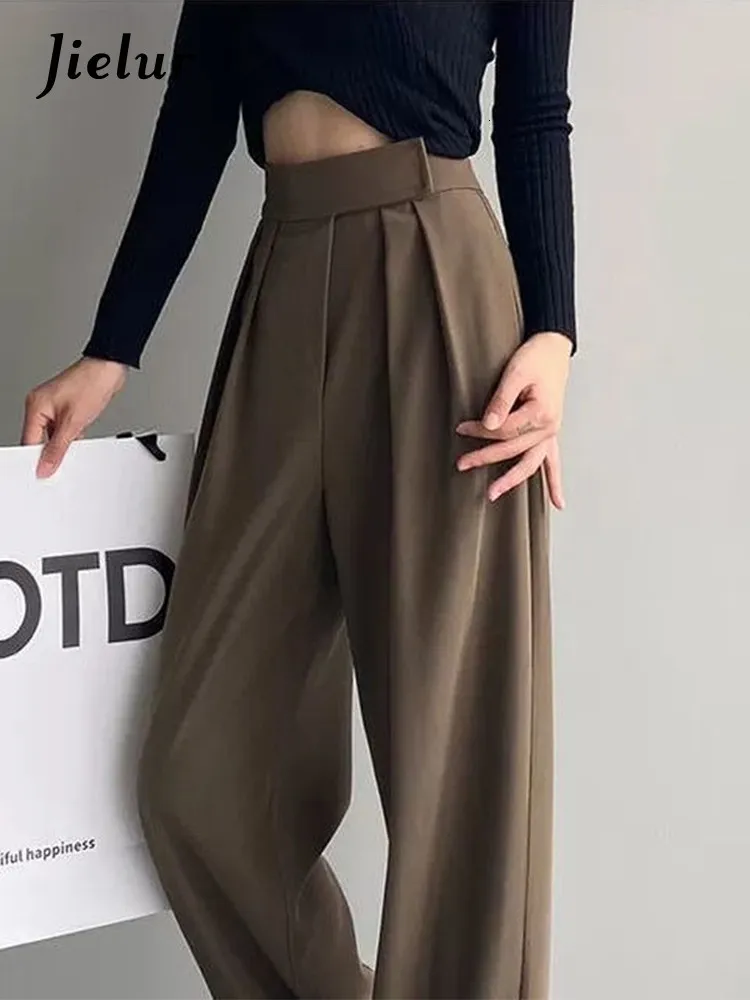 Women's Pants Capris Jielur Brown Wide Leg Women Classic Suit Pants Vintage Palazzo Office Elegant Casual Black Trousers Female High Wasit Pants 230510