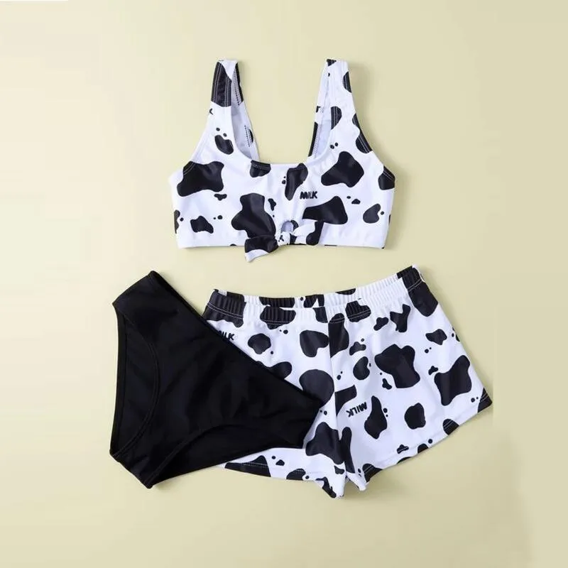 Summer Cow Floral Print Crisscross Back Three Piece Matching