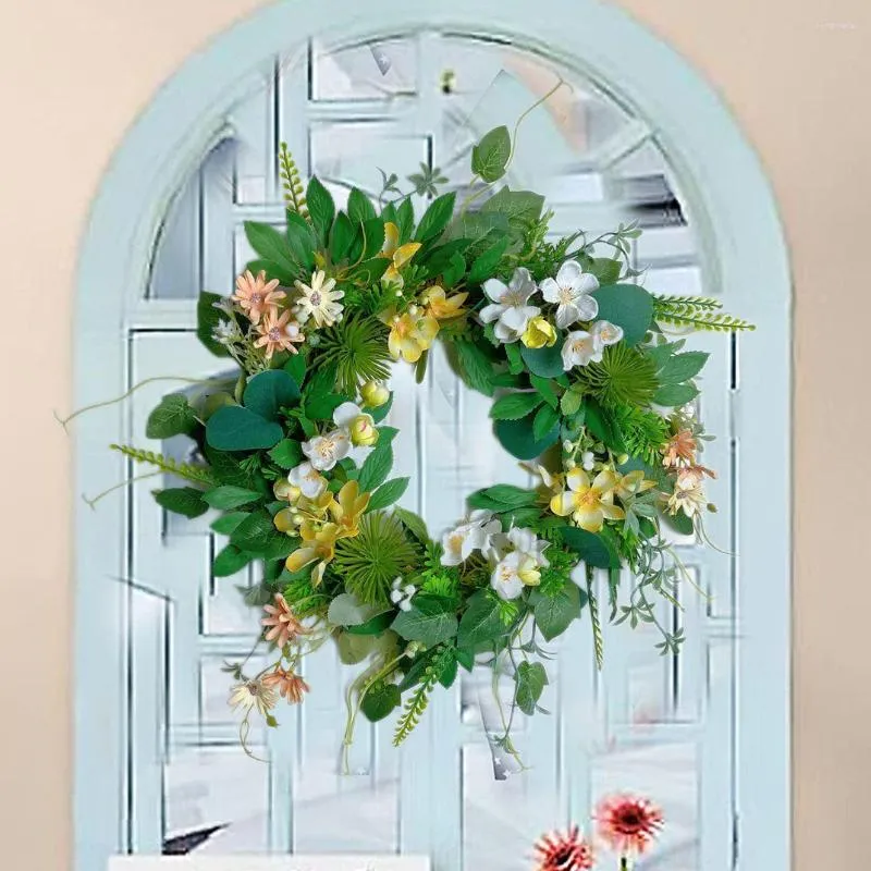 Fleurs décoratives Gazon Artificiel Simulation Marguerite Porte Décoration Mur Guirlande Printemps Et Été Rotin Cercle En Plastique Guirlandes Pendentif