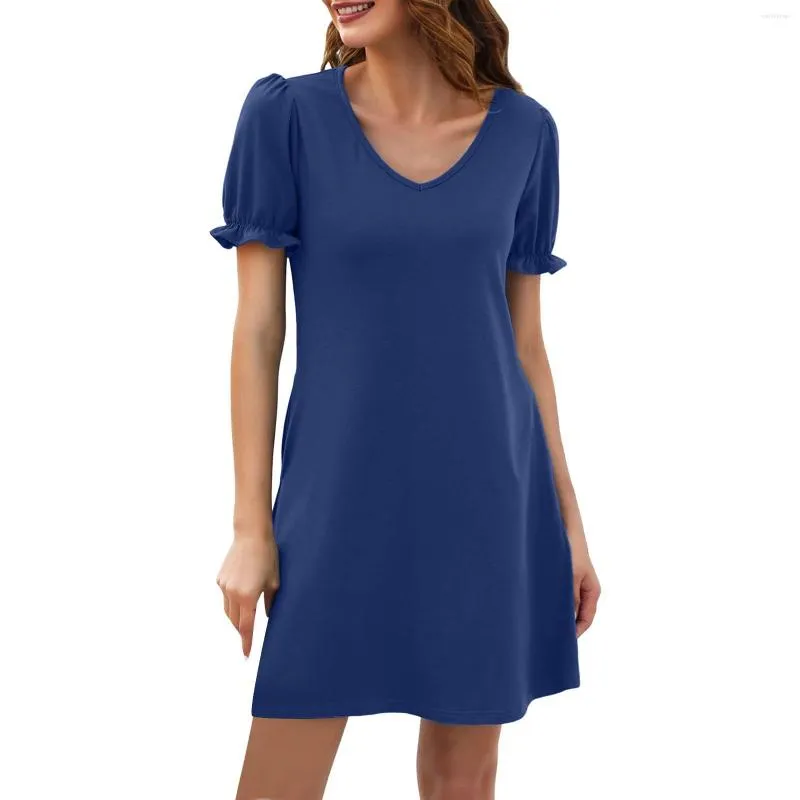 Casual Dresses Womens Puff Short Sleeve Summer V Neck T Shirt Mini Dress Fashion Acidy Color A-Line Pleat Vestido