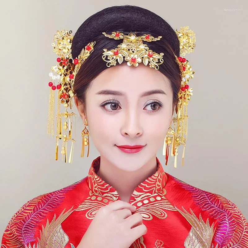 Necklace Earrings Set Chinese Ancient Wedding Jewelry Traditional Classic Bridal Headwear Tiara Golden Tassel Hairpins