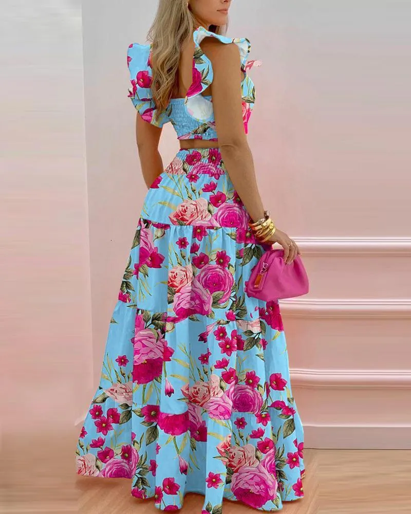 Two Piece Dress Set Women Floral Print Shirred Crop Top and Floor-Length  Maxi Skirt Casual Spring Summer