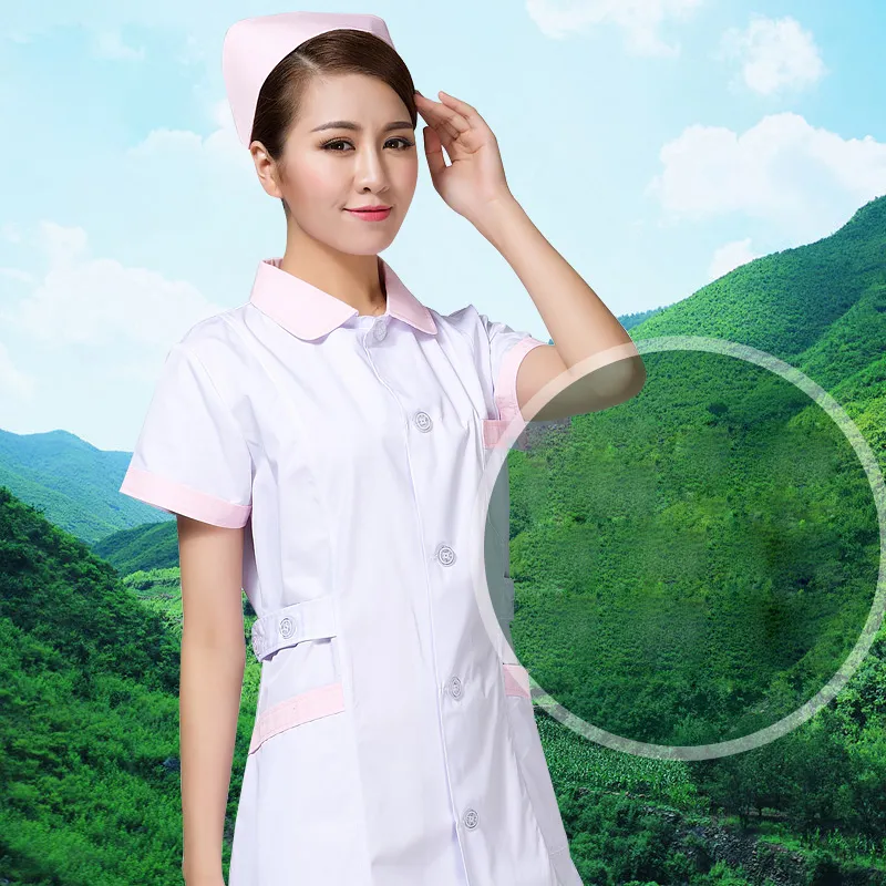 Front Desk Medical Guide Beauty Blouse Dress Nurse Summer Long Coat Hospital Institution Short Sleeve White Pink Work Robe Wear