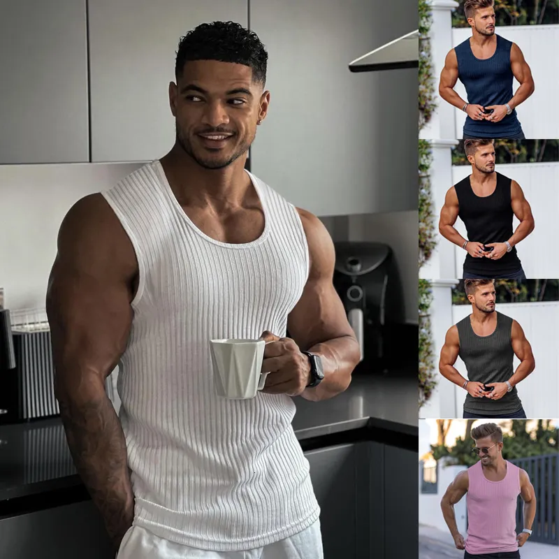 Mens Tank Tops Vest Summer Sports Fitness Quickdrying 통기성 통기 스트레치 수직 스트라이프 소매 소매 체육관 달리기 훈련 옷