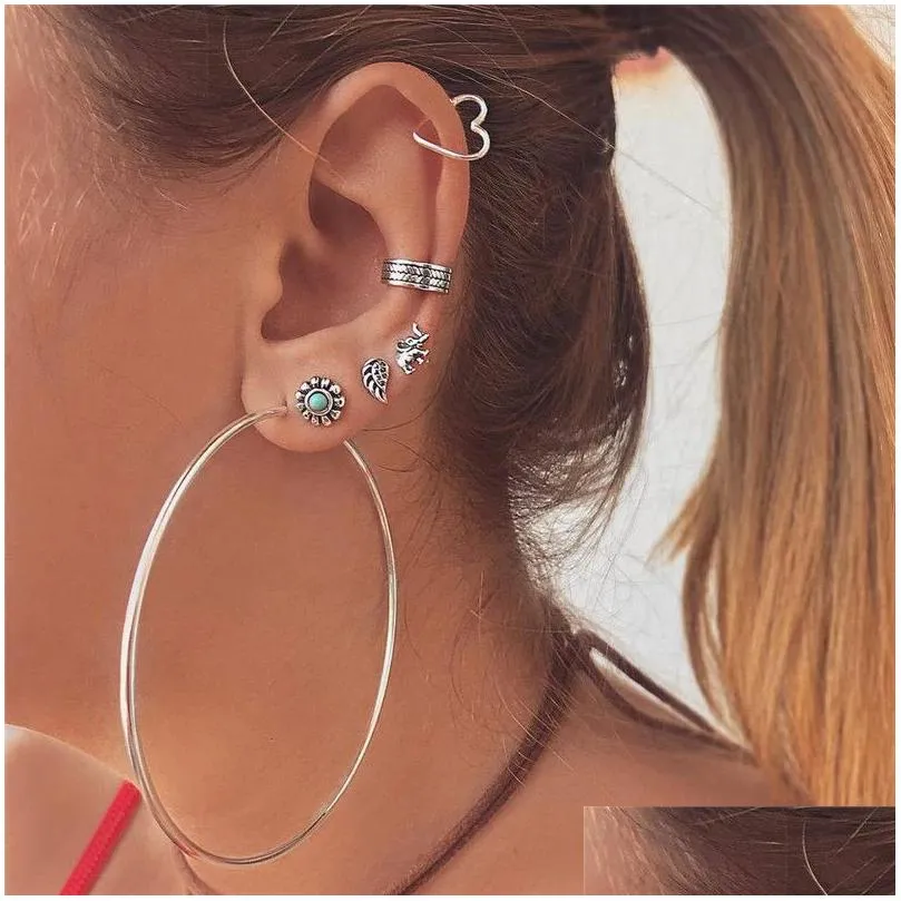 Stud Stud Big Circle Hoop Boucles d'oreilles Coeur Feuille Turquoise Ensemble pour Femmes Mode Boucle d'oreille Géométrique 6 Pièces Party Drop Livraison Jewel Dhgarden Dhao2 Vjwv