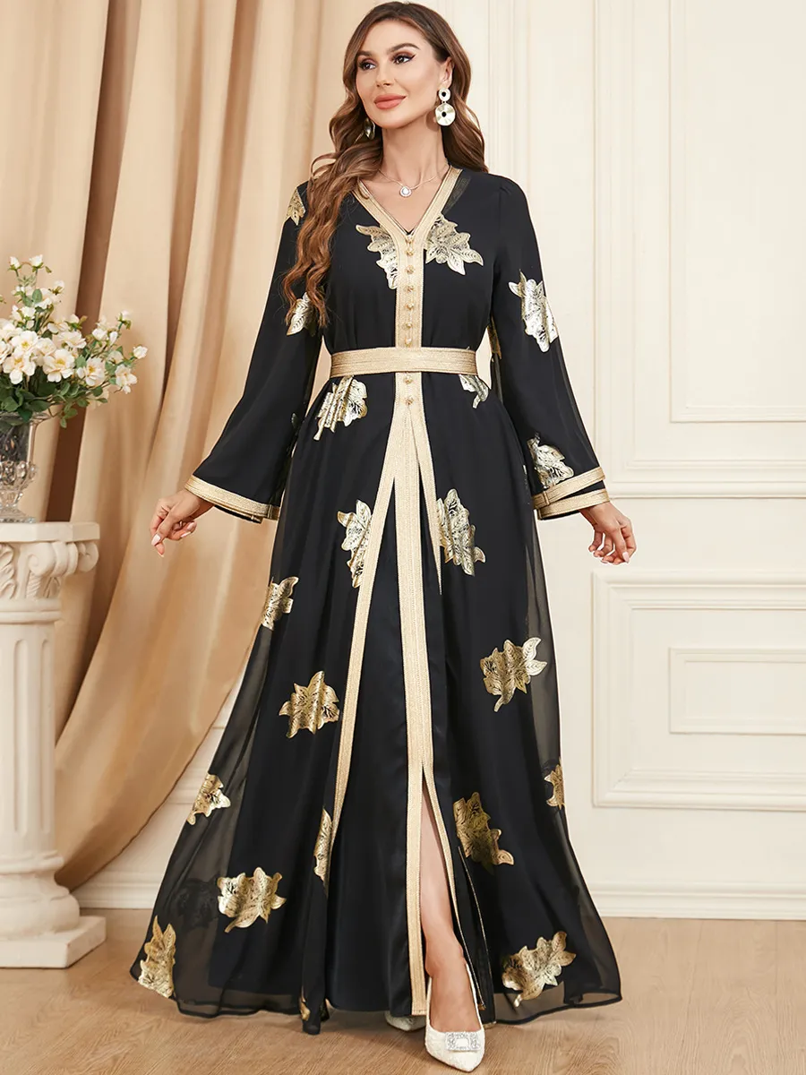 QNPQYX New Ramadan Abaya for Women Printed Long Sleeve Moroccan Kaftan 2 Piece Dubai Gulf Jalabiya Muslim Sets Arabic Evening Dresses Black